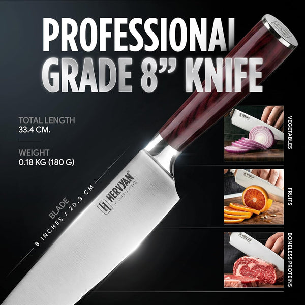 8 Inch Professional Chef Knife - Ultra Sharp German-Inspired Precision Blade High-Carbon Stainless Steel, Ergonomic Pakkawood Handle, Blade Guard and Gift Box for Home Cooks and Restaurants3