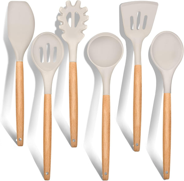 Cooking Utensils Set of 6, Silicone Kitchen Utensils with Wooden Handle, Non-Stick Cookware Friendly & Heat Resistant, Includes Spatula/Ladle/Slotted Turner/Serving Spoon/Spaghetti Server(Khaki)1