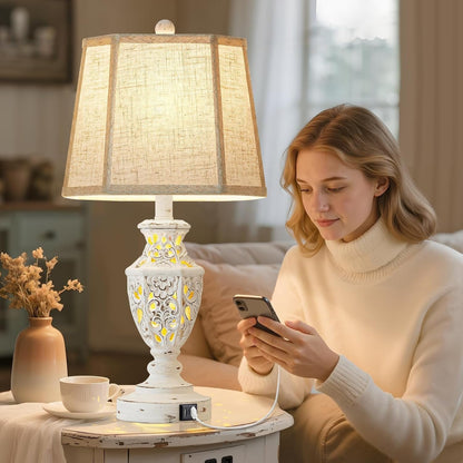 Lamps for Night Stands Set of 2-23.5" Boho Bedside Lamp with USB A+C and Nightlight - Cream Rustic Carved Resin Farmhouse Table Lamp for Bedrooms, End Tables, Living Room, Bulbs Included9