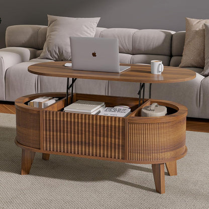 43.3'' Fluted Lift Top Coffee Table with Storage,Modern Oval Coffee Table for Living Room or Home Office（Walnut）1