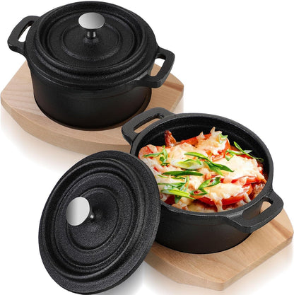 2 Sets 17 Oz Mini Cast Iron Dutch Oven Lid and Wooden Base, Pre Seasoned Cast Iron Casserole with Dual Handles, Small Black Casserole Dishes for Oven Use Marinate Cook Bake, Gift Giving1