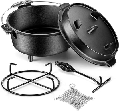 Pre-Seasoned Cast Iron Camp Dutch Oven with Accessories, 5QT Pot | Open Fire Camping Cookware with 2QT Skillet Lid for Outdoor Campfire Cooking - Baking Sourdough Bread, Oven Safe1