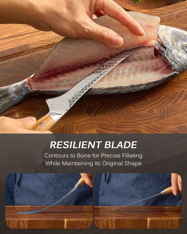 7 In. Japanese Fillet Knife, Koi Series Fish Boning Knife with Olive Wood Handle Koi Scale Pattern, High Carbon Stainless Steel Full Tang Fish Deboning, with Protective Sheath & Gift Box3