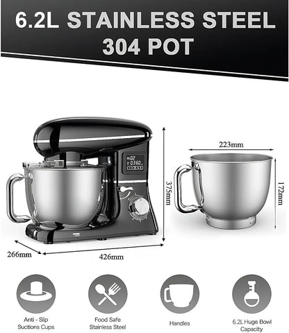 Electric Stand Mixer with LED Display & Timer 6.5QT Bowl Stainless Steel, 1350W 6-Speeds Kitchen Stand up Mixer for Baking Cakes Cookie Bread Salad Food with Egg Whisk, Dough Hook, Beater7