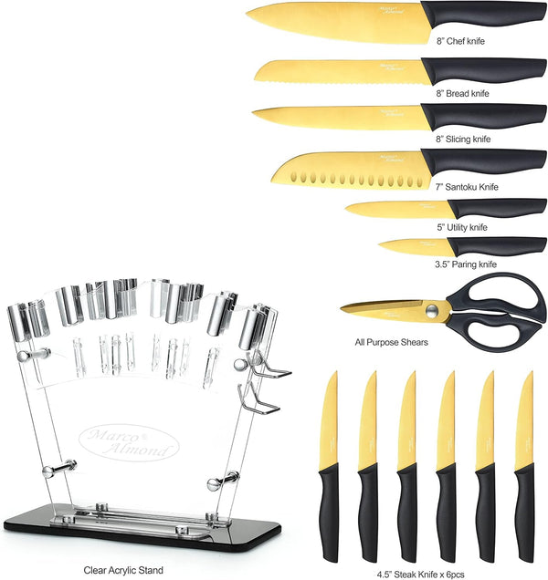 ® Gold Knife Set with Block KYA23, 14 Pieces Stainless Steel Chef Cutlery Knives Set for Kitchen with Acrylic Stand | Gold Color Stainless Steel,Knives Set W Acrylic Stand,Razor Sharp,Non-Stick&Anti-Rust,Ergonomic Handle,Full Tang,Gift Box7