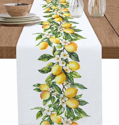 Dining Table Runner Dresser Scarf Linen Burlap Fabric,Summer Lemon Green Leaves Washable Table Runners 90 Inches Long for Farmhouse Home Kitchen Wedding Party Decor1