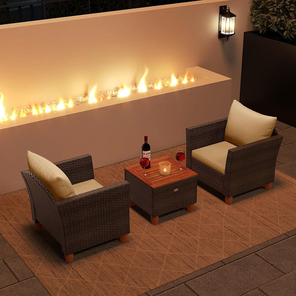3 Piece Patio Furniture Set, Patiojoy Outdoor PE Wicker Bistro Set with Soft Cushions and Solid Acacia Wood, Outdoor Conversation Set with Porch, Balcony and Garden3