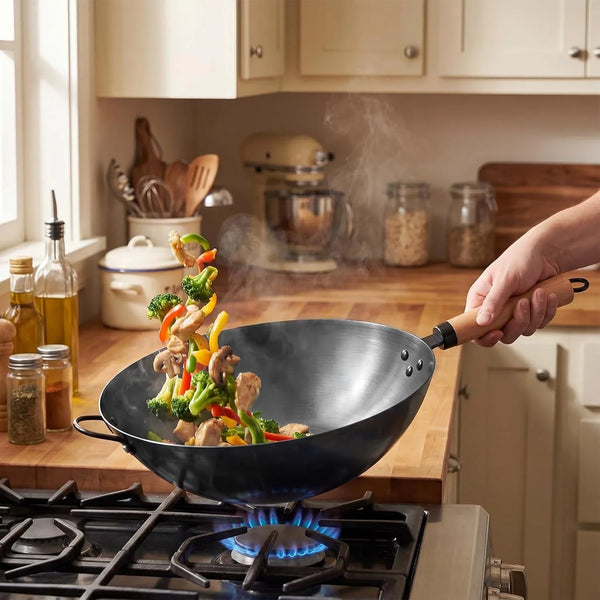 13.5" Carbon Steel Wok Pan, Pre-Seasoned Flat Bottom Wok for Stir Fry, BBQ, Grill & Camping, Compatible with Induction, Electric, Gas and Open Fire, Black8