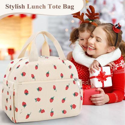 Lunch Box for Women, Cute Strawberry Corduroy Insulated Lunch Bag Women Reusable Work Leakproof Simple Adults Large Lunch Boxes Tote Bag Men Cooler Bag7