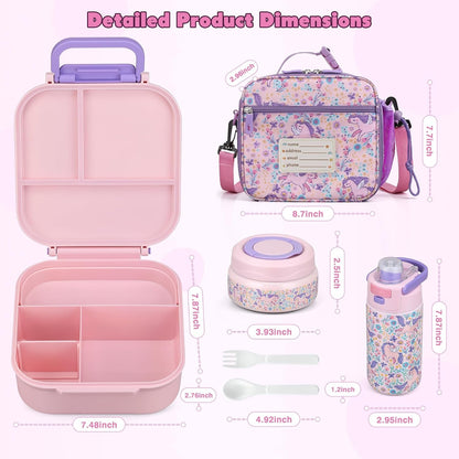 Bento Lunch Box for Kids with 7Oz Soup Thermo,Insulated Stainless Steel Kids Water Bottle with Straw and Insulated Lunch Bag,Leak-Proof Lunch Food Container with Ice Pack for School(Pink-Horse)7
