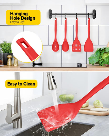 Pack of 4 Silicone Cooking Utensils Set, Non Stick Solid Spatulas and Heat Resistant Slotted Spoons with Back Hooks, Ideal BPA Free Kitchen Utensils Set for Frying,Serving,Turning,Stirring (RED)6