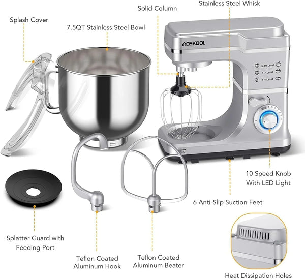 7.5QT Stand Mixer, 10-Speed Tilt-Head Electric Food Mixer with Stainless Steel Bowl, 660W Motor, Dough Hook, Whisk & Beater, Compact Design for Home Baking,Silver4