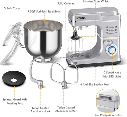 7.5QT Stand Mixer, 10-Speed Tilt-Head Electric Food Mixer with Stainless Steel Bowl, 660W Motor, Dough Hook, Whisk & Beater, Compact Design for Home Baking,Silver4