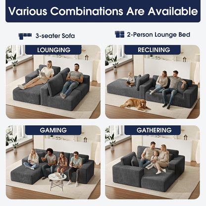 107'' Modular Sectional Sofa, L Shaped Cloud Couch for Living Room, Modern Plush Corduroy Boneless Sofa with Chaise for Bedroom, Gray8