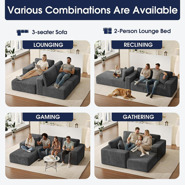 107'' Modular Sectional Sofa, L Shaped Cloud Couch for Living Room, Modern Plush Corduroy Boneless Sofa with Chaise for Bedroom, Gray8