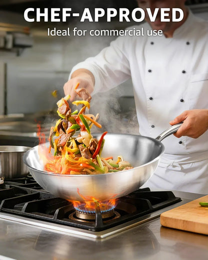 13 Inch Tri-Ply Stainless Steel Wok Pan, Uncoated Wok for Stir Fry | PFOA/PFOS Free, Heavy-Gauge Flat Bottomed Cookware, Suitable for Induction & Electric Stoves, Detachable Handle3