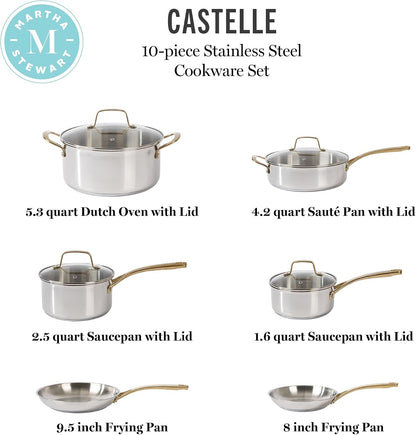 Castelle 10 Piece 18/8 Durable Stainless Steel Induction Safe Pots and Pans Non-Toxic Kitchen Cookware Set - Gold Handles - Dishwasher Safe3