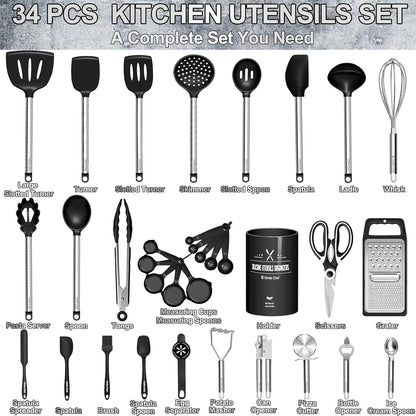 Thickened Kitchen Utensils Set- Silicone Cooking Utensils Set for Nonstick Cookware-Silicone Spatulas Set, Heavy Duty Stainless Steel Handle-Black Kitchen Gadgets Tools Set3
