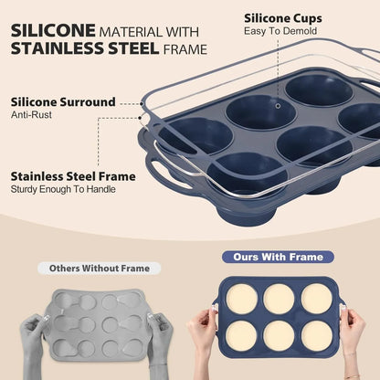 Jumbo Silicone Muffin Pan with Frame, Non Stick Large Cupcake Baking Tin | Silicone Cupcake Pan with Handles 6 Cup, BPA Free Silicon Muffin Tin Tray Extra Large for Baking Egg Bites Mold  Grey4