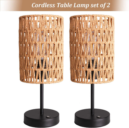 Rechargeable Outdoor Table Lamps, Rattan Boho Cordless Battery Operated Table Lamps, Patio Lamp for Living Room, Balcony, Bedside Decor- Set of 2 (Beige)2