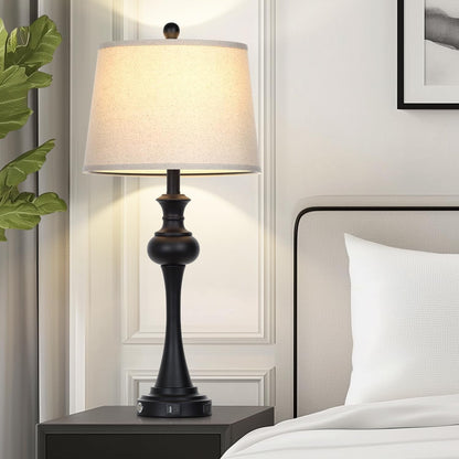 28.75 " 3-Way Touch Control Modern Table Lamp Set of 2 for Living Room , Bedside Lamp with USB A+C Ports, Mid Century Black Table Lamps, Nightstand Lamps Set ,Beige Fabric Shade Vintage Accent Style5