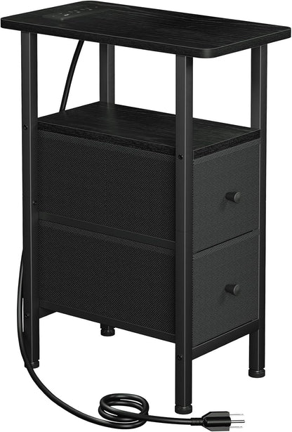 Narrow End Table with Charging Station, Small Nightstand | Skinny Side Tables Living Room with 2 Fabric Drawers, Slim Bedside Table for Bedroom, Small Spaces, Couch, Black1