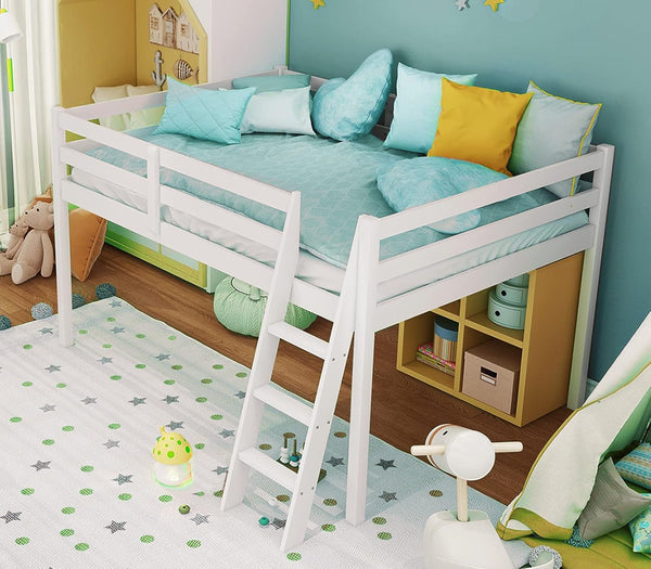 Junior Low Loft Bed with Stairs, White Wood Loft Bed Full Size for Adults, Kids and Young Teens, No Box Spring Required,Wood Slat Support1