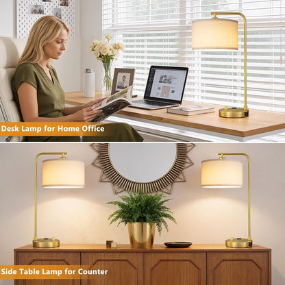 Gold Bedside Lamps Set of 2, Fully Dimmable Lamps for Night Stands, USB A+C | Modern, Linen Lampshade, USB Port and Outlet, Tall Desk Lamps for Bedroom, Nightstand, Living Room, Home Office, End Table6