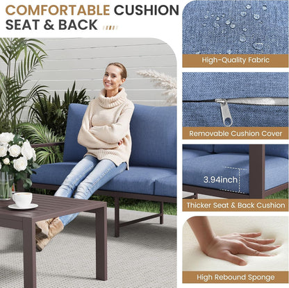 Aluminum Patio Furniture Set 5 Pieces Modern Patio Conversation Sets for Porch, Deck, Garden, 7-Seat Outdoor Furniture Metal Sofa Set with 4" Water-Resistant Cushion & Coffee Table,Navy6