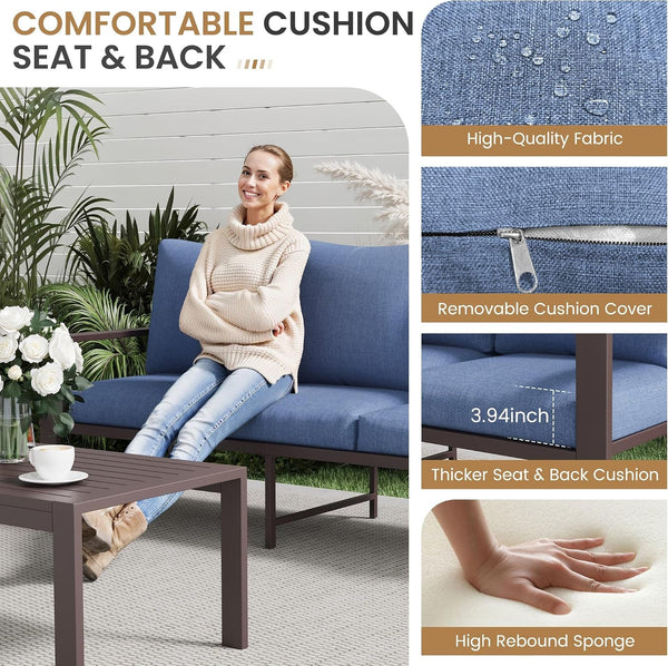 Aluminum Patio Furniture Set 5 Pieces Modern Patio Conversation Sets for Porch, Deck, Garden, 7-Seat Outdoor Furniture Metal Sofa Set with 4" Water-Resistant Cushion & Coffee Table,Navy6