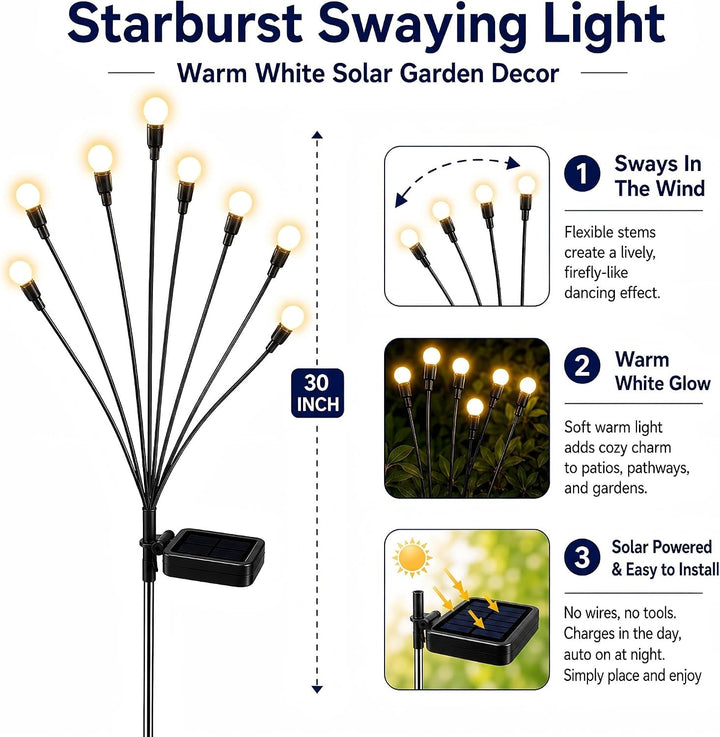 Solar Garden Lights - 6 Pack 48 LED Upgraded Solar Swaying Light, Sway by Wind, Outdoor Lights, Yard Patio Pathway Decoration, High Flexibility Iron Wire & Heavy Bulb Base, Warm White+2