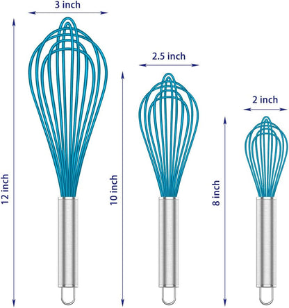 Silicone Whisk,Heat Resistant 480°F Whisks for Cooking Non Scratch,Stainless Steel Wired Wisk,Plastic Rubber Whisk Tool for Nonstick Cookware Pans,Silicon Wisks Set of 4,Blue6