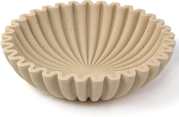 Large Decorative Bowl, Modern Handicraft Bowls for Home Decor, Decorative Fruit Bowl for Kitchen Counter, Ruffle Decor, Stylish Key Bowl for Entry Table, Artificial Travertine Beige1