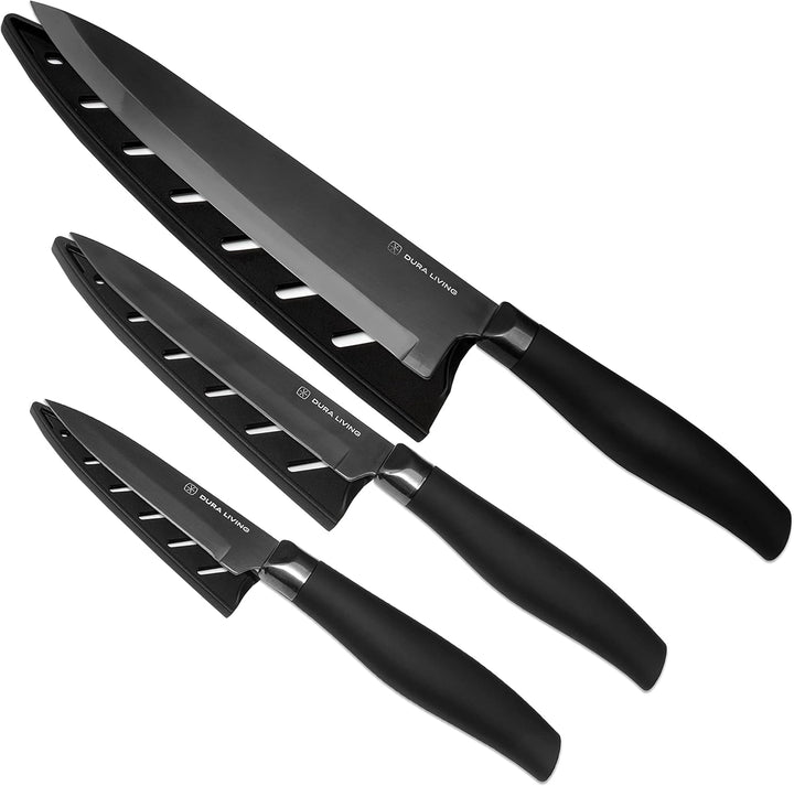 3-Piece Kitchen Knife Set - Black Nonstick Titanium Plated Stainless Steel Ultra Sharp 8 Inch Chef, 5 Inch Utility, 3.5 Inch Paring Cooking Knives with Matching Sheaths