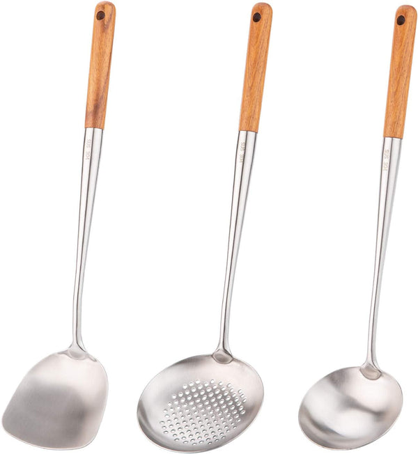 Wok Spatula and Ladle,Skimmer Ladle Tool Set, 17Inches Spatula for Wok, 304 Stainless Steel Cooking Utensils1