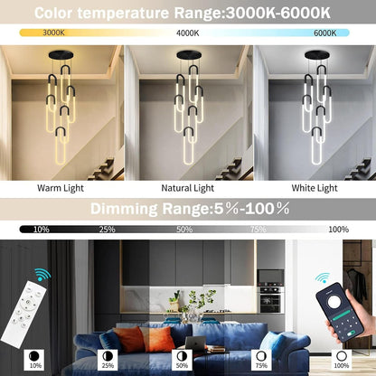 6 Rings 118'' Modern Large Dimmable LED Chandelier Dining Room Pendant Light Fixtures Ring Chandelier for Foyer Staircase Living Room Kitchen Island Black5