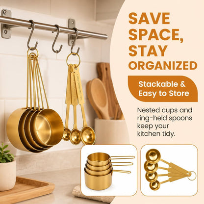 Gold Measuring Cups and Spoons Set, 8 Piece Stainless Steel Measuring Cup and Spoon Set for Baking and Cooking, Stackable Gold Kitchen Measuring Utensils for Dry and Liquid Ingredients8