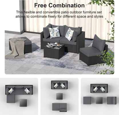 Patio Furniture Set, 5PCS Outdoor Sectional W/ Ottoman & Cushion, Grey7