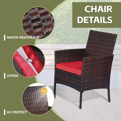 Patio Furniture Set 4 Pieces, Outdoor Rattan Furniture with Tempered Glass Coffee Table, Modern Rattan Patio Chairs Conversation Sets with Sofa for Garden, Terrace, Porch, Lawns Brown/Red4