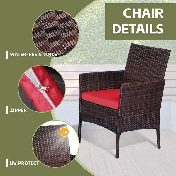 Patio Furniture Set 4 Pieces, Outdoor Rattan Furniture with Tempered Glass Coffee Table, Modern Rattan Patio Chairs Conversation Sets with Sofa for Garden, Terrace, Porch, Lawns Brown/Red4