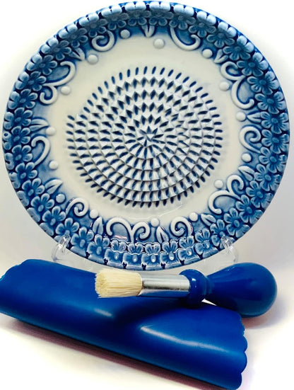, Premium Ceramic Garlic Grater Plate Set - Blue Embossed | All-In-One 4-Piece Set Includes 5.25" Plate, Peeler, Brush, and Stand - for Garlic, Ginger, Fruits, Strawberries, and More!1
