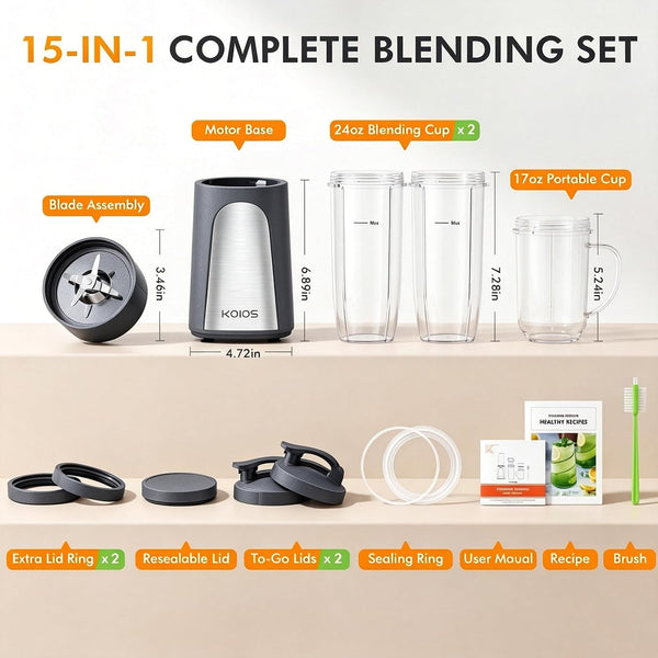 1000W Smoothie Blender, 15-In-1 Single Serve Set, Press-Twist Design | Personal Blender & Kitchen Countertop Smoothie Maker with 2X24Oz+17Oz Cup, Detachable 4-Blade, Frozen Drinks, Grey5