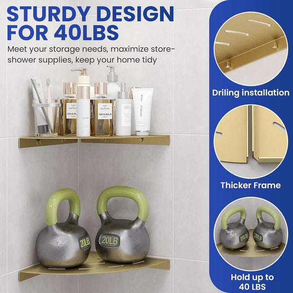 2 Pack Corner Shower Shelves Load Capacity 40 Lbs 304 Stainless Steel Shower Corner Shelf Will Not Rust 8In Shower Shelf for inside Shower Brushed Gold Drilling Installation5