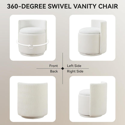 Velvet Vanity Chair with Storage, 360° Swivel Makeup Chair with Wave Back, No Assembly Small Accent Stool for Bedroom, Dressing, Living Room, White6