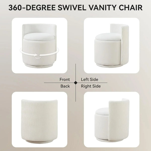Velvet Vanity Chair with Storage, 360° Swivel Makeup Chair with Wave Back, No Assembly Small Accent Stool for Bedroom, Dressing, Living Room, White6