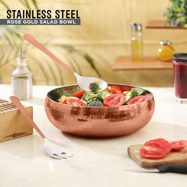 ® Set of 3 Premium Stainless Steel Salad Mixing Bowl Hammered Finish | Handmade | Includes Salad Serving Utensils (Copper Plated)6