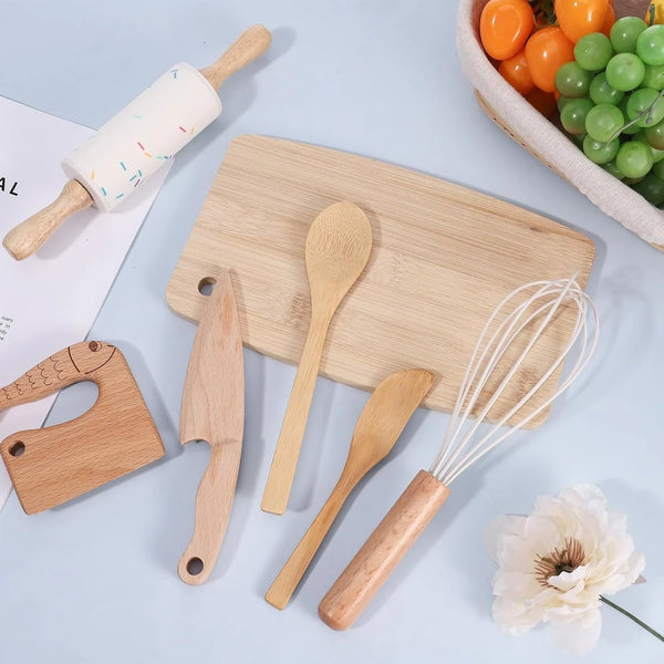 7 Pieces Wooden Kids Knife Toddler Knife Set | Toddler Cutting Board and Knife, Real Cooking Kitchen Tools Toddlers for Cutting Veggies Fruits Salad Cake7