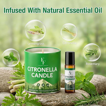 Citronella Candles Outdoor, Indoor Lemongrass Scented Candles with Citronella Essential Oil Roll On, Natural Soy Wax Jar Candle for outside Camping Patio, 200-Hour Burn Time, 9 Oz (4 Pack)2