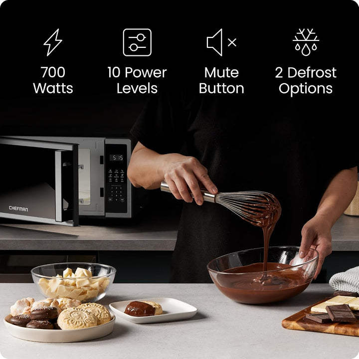 Compact Countertop Microwave, 0.7 Cu Ft, 700W, Stainless | 10 Power Levels, 3 One-Touch Presets, +30 Second Button, Time & Weight Defrost, Mute Option, Child Safety Lock, Digital Timer+2