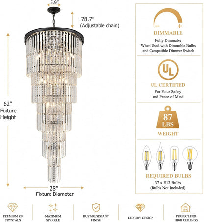 Large Black Chandelier Light Fixtures - 37 Lights, Modern Crystal Chandeliers for Hotel, Lobby, Foyer, Entrance Hall, Staircase4